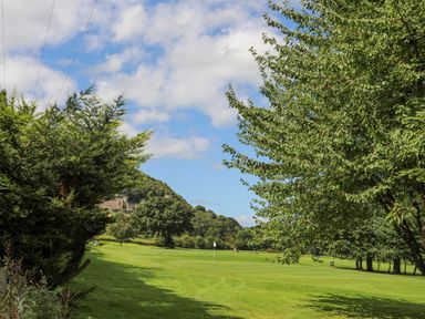 A golf course with a flag near trees and a hill with a castle in the distance at The Piggery in LLanfair Talhaiarn near Abergele