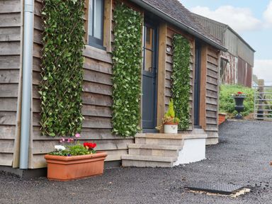 A wooden exterior of a building with green trellises near doors and flower pots on steps and ground at Bee Cottage Ottinge near Lyminge