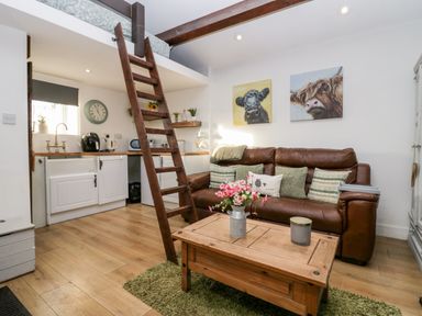 A small living area with a brown sofa and cushions a wooden coffee table with flowers a small kitchen in the background and a ladder leading to a loft at High Wreah Bolt Hole in Cleator Moor