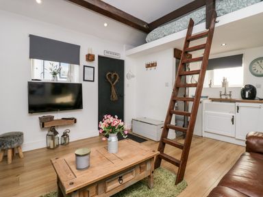 A living room with a wooden ladder leading to a loft bed and a wooden coffee table at High Wreah Bolt Hole in Cleator Moor