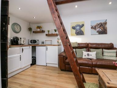 A small kitchen area with white cabinets appliances and a brown leather sofa with animal paintings on the wall at High Wreah Bolt Hole in Cleator Moor