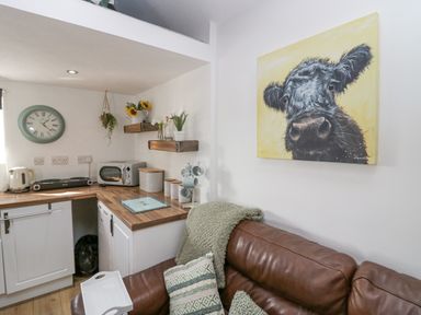 A compact kitchen with a kettle microwave and storage canisters next to a brown leather sofa with cushions and a blanket at High Wreah Bolt Hole in Cleator Moor