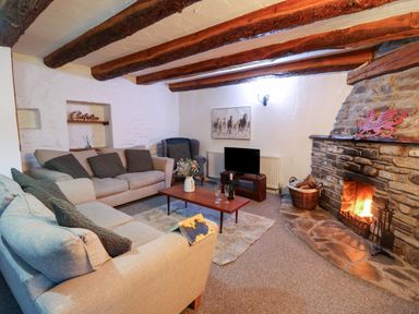 A living room with two sofas armchair a coffee table and a stone fireplace with a fire at Ty Ceffylau in Llanllwni near Llanybydder