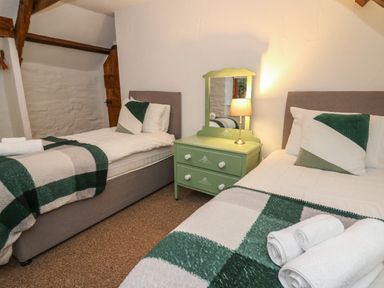 A bedroom with two single beds a green bedside table with a mirror and a lamp at Ty Ceffylau in Llanllwni near Llanybydder