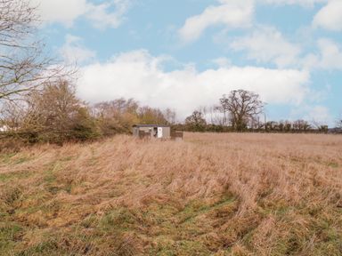 A small building in a grassy field with trees and a blue sky at Bumbles Retreat in Whepstead near Bury St Edmunds
