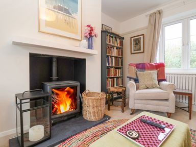 A room with a wood burning stove fire a beige armchair with a cushion and blanket a bookshelf and a window at 3 Chantry Cottages in Campsea Ashe near Woodbridge