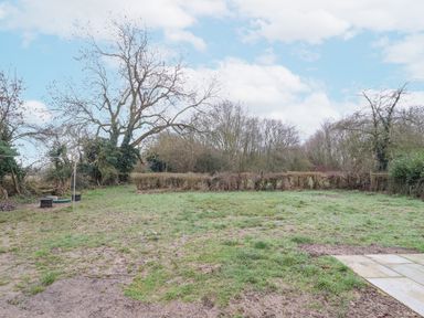 A grassy garden with muddy patches trees and bushes at 3 Chantry Cottages Campsea Ashe near Woodbridge