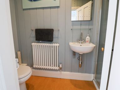 A bathroom with a toilet radiator and sink at The Corner Cottage in Aldeburgh