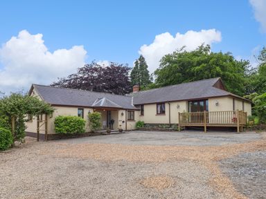 A single story house with a gravel driveway and small porch surrounded by trees at Hole Park in Holsworthy