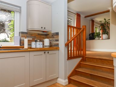 A kitchen area with wooden countertops and cabinets next to wooden stairs leading to a room with plants and windows at Hole Park in Holsworthy
