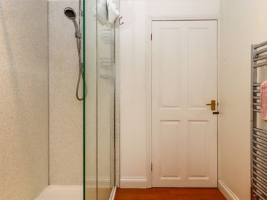 A shower area with a glass door next to a white paneled door and a chrome towel radiator with a pink towel in a bathroom at Hole Park in Holsworthy