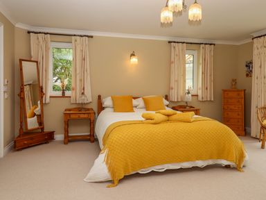 A bedroom with a double bed covered with yellow blankets and pillows wooden bedside tables a standing mirror a chest of drawers and windows with curtains at Hole Park Holsworthy
