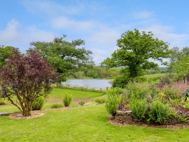 A garden with grass lawn shrubs and trees overlooking a fenced pond at Hole Park in Holsworthy