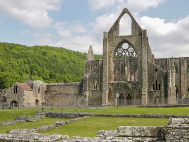 A stone ruin of an abbey with large arches and window openings surrounded by green grass and trees at Hidden Well in Aust