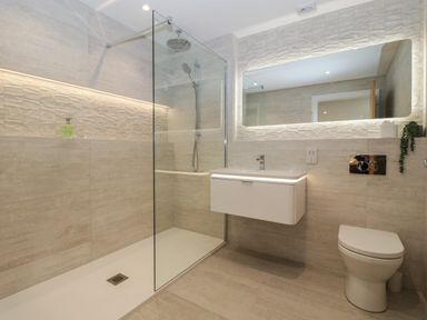 A bathroom with a walk-in shower sink with a floating vanity a toilet and a large mirror at Hidden Well in Aust