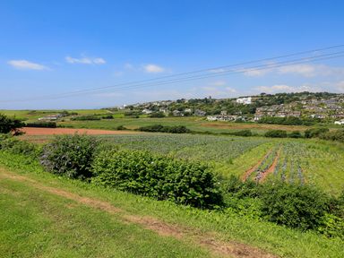 A rural landscape with farmland fields and bushes overlooking a town on a hill at 5 Thurlestone Beach in Thurlestone