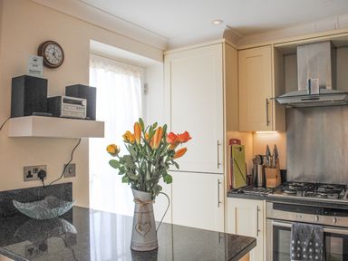 A kitchen with a vase of flowers on a countertop a wall clock a stereo system and a gas stove with knives on the counter at 5 Thurlestone Beach in Thurlestone