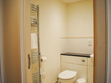 A small bathroom with a toilet a countertop a towel rack with a towel and a roll of toilet paper at 5 Thurlestone Beach in Thurlestone