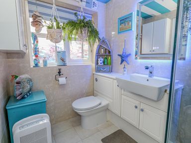A bathroom with a toilet a sink a mirror hanging plants and decorative items at Cove Cottage Hideaway in Chiswell On Portland