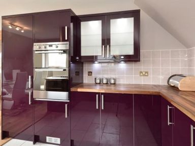A kitchen with dark purple cabinets wooden countertops and built in double ovens at Glen View Lodge in Drumnadrochit Loch Ness