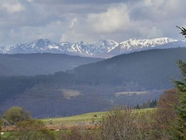 A landscape with snow-capped mountains trees and grassy fields at Glen View Lodge in Drumnadrochit Loch Ness