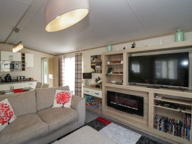 A living room with a sofa with red tree cushions a flat screen TV a fireplace dining table and kitchen at Ladybird Lodge South Lakes Leisure Park near Carnforth