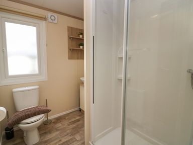 A bathroom with a toilet a shower and wooden shelves with plants at Ladybird Lodge South Lakes Leisure Park near Carnforth