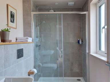 A bathroom with a glass shower enclosure, a showerhead, a window, towels on a shelf, a plant, and a framed picture on the wall at Villa 1 in Mullion