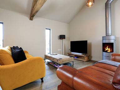 A living room with a yellow sofa black cushions a brown leather sofa a wooden coffee table and a fireplace at The Barns @ Downton in Dittisham