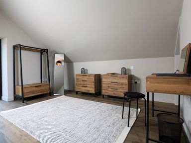 A room with wooden dressers a mirror a black stool a rack and a white rug on the floor at The Barns @ Downton in Dittisham