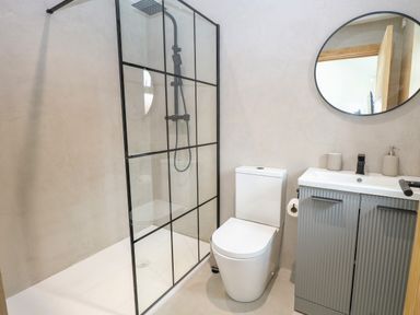 A bathroom with a shower area with glass partition a toilet and a sink with a mirror at County Farm Barn South Walsham