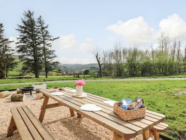 An outdoor picnic table with a basket of snacks and a flower vase on a gravel area near a grassy field with trees at Willow in Llangurig near Llanidloes