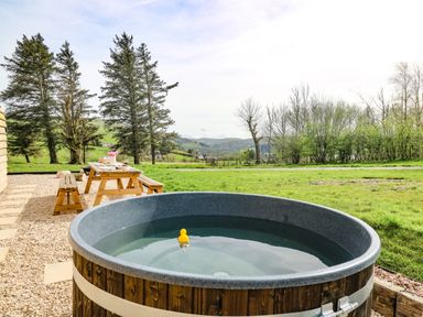 An outdoor wooden hot tub with a rubber duck and a picnic table with benches on a gravel area near a grassy field with trees at Willow in Llangurig near Llanidloes
