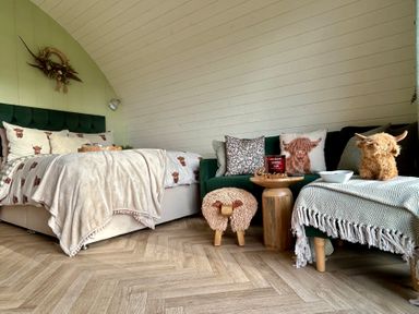 A living room with a bed and sofa at Willow in Llangurig near Llanidloes