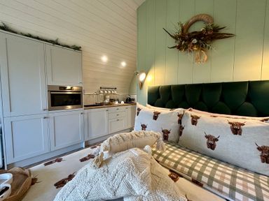 A living room with a sofa and kitchen cabinets at Willow in Llangurig near Llanidloes
