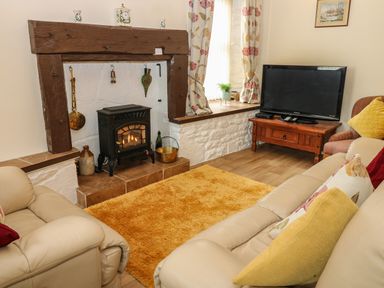 A living room with a wood stove fireplace beige sofas a wooden tv stand and a yellow rug at River Cottage in Eamont Bridge