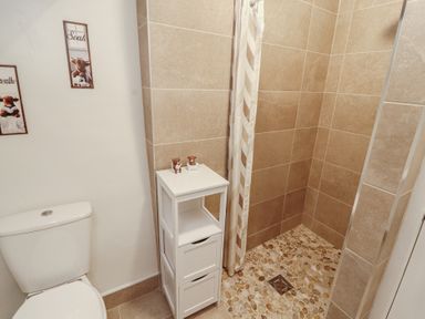A bathroom featuring a shower and toilet at River Cottage Eamont Bridge