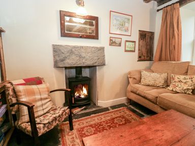A living room with a lit fireplace a patterned armchair and a beige sofa with cushions at Eden Vale in Broughton-In-Furness