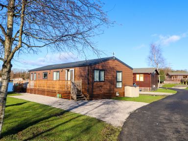 A brown wooden cabin with a deck on a grassy plot near a paved road at Gressingham 7 in Warton near Carnforth