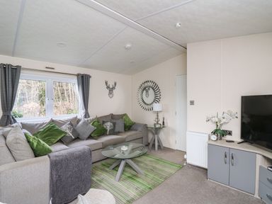 A living room with a large sofa with green and patterned cushions a glass coffee table and a television at 43 The Deri in Llanarth