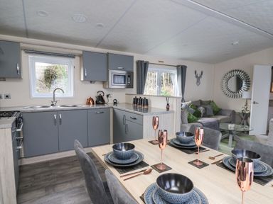 A kitchen and dining area with grey cabinets and a table set with bowls and copper glasses at 43 The Deri in Llanarth