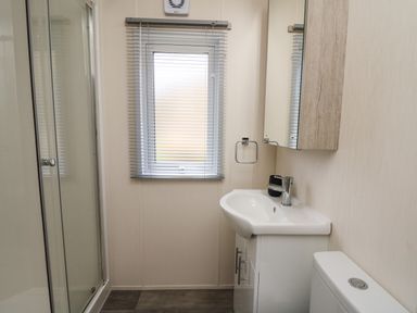 A bathroom with a shower enclosure a window with blinds a sink with cabinet a toilet and a mirror cabinet at 43 The Deri in Llanarth