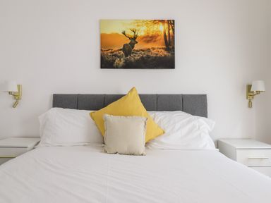 A bedroom with a bed with white bedding and two pillows with a deer picture on the wall at Gwydyr Bach 1 in Llanrwst