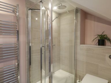 A shower enclosure with glass doors and chrome fixtures a heated towel rail a small plant on a shelf a toilet with a toilet roll in a bathroom at Quarters Ambleside