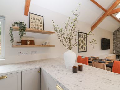 A kitchen countertop with a white vase holding branches and two small brown candles at Curhoor Near Loughrea County Galway