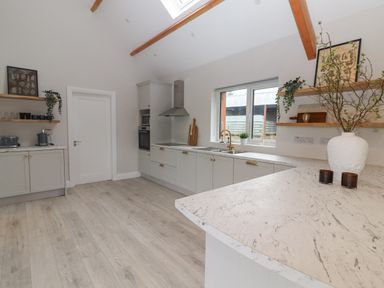 A kitchen with marble countertops wooden shelves and potted plants at Curhoor Near Loughrea County Galway