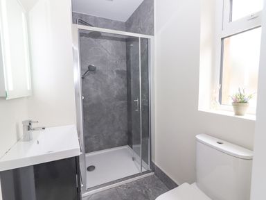 A bathroom with a shower enclosure a sink a toilet and a window with decorations at Curhoor Near Loughrea County Galway