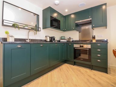 A kitchen with green cabinets a built in oven microwave sink kettle toaster and countertop plants at The Cabin at Ropewalk in Goonbell near St Agnes