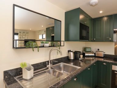 A kitchen sink with a faucet and cleaning brush on the counter with green cabinets and appliances at The Cabin at Ropewalk in Goonbell near St Agnes