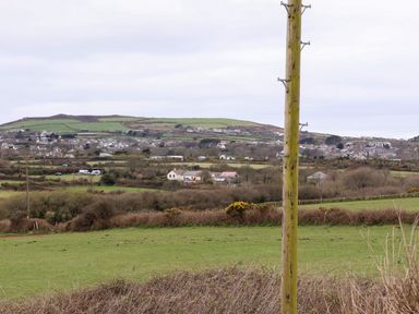 A rural landscape with fields bushes houses and a wooden utility pole in the foreground at The Cabin at Ropewalk in Goonbell near St Agnes